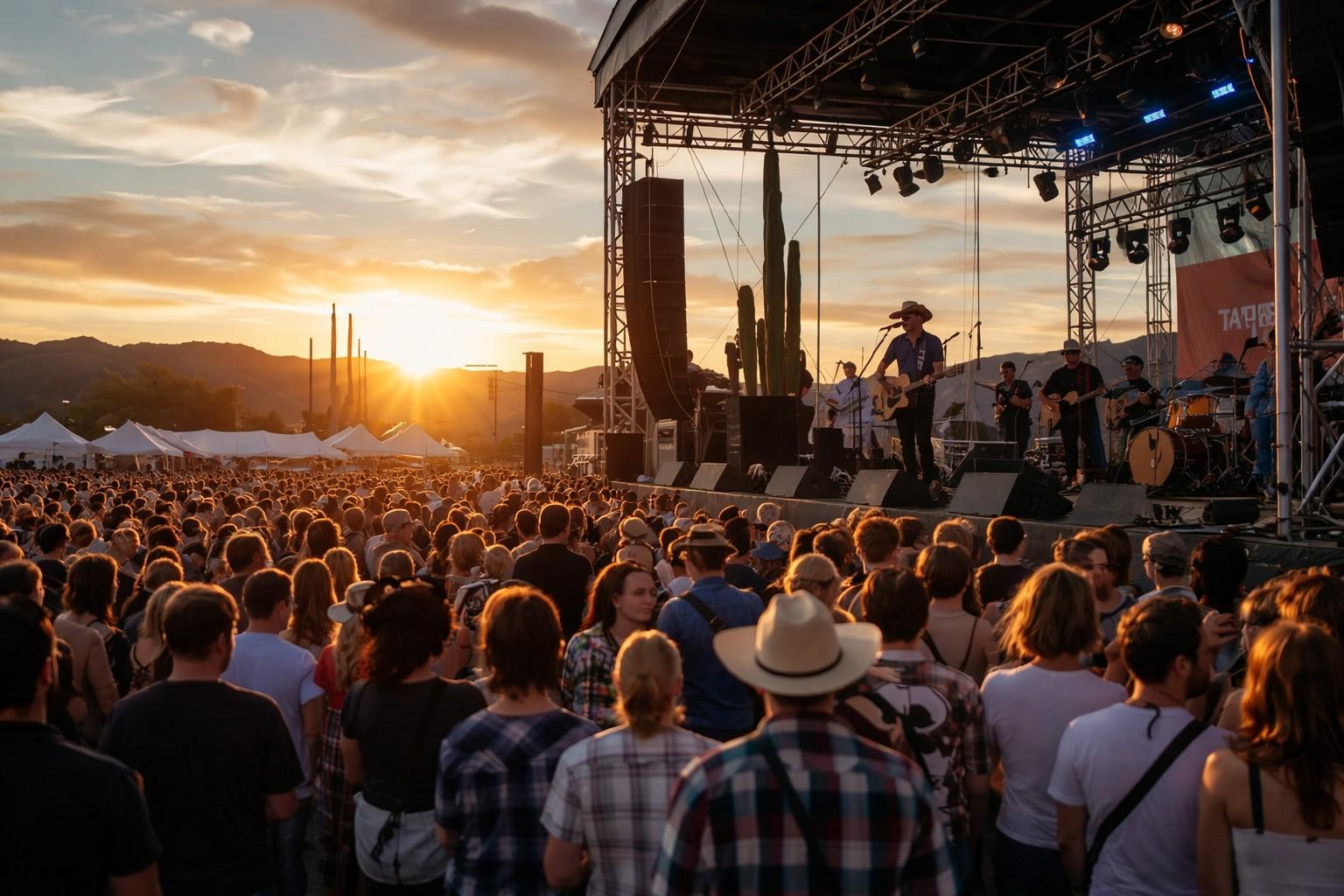 Large crowd enjoying live music at Innings Festival Tempe Arizona during a sunset concert performance