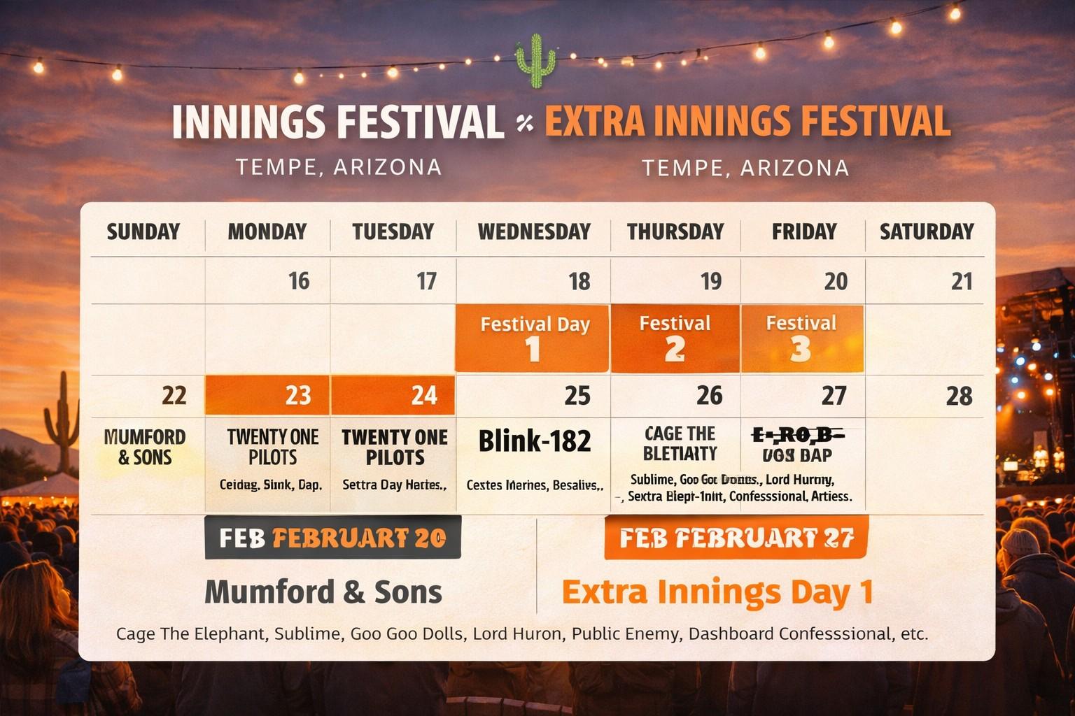 Innings Festival 2026 dates and schedule showing lineup and Extra Innings Weekend events in Tempe Arizona