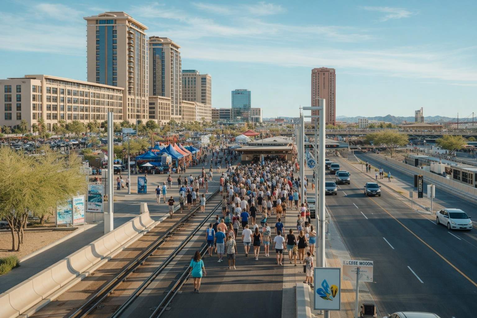 Festivalgoers walking toward Tempe Beach Park using public transport during Innings Festival Tempe Arizona