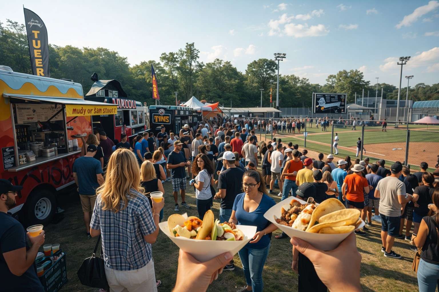 Food vendors serving tacos and drinks to fans at Innings Festival Tempe Arizona food and drink area