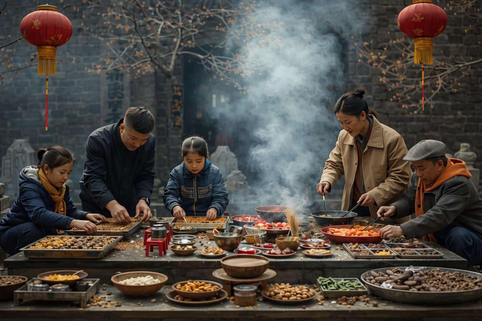Tomb Sweeping Day customs showing family prayers, food offerings, and incense rituals in Chinese culture