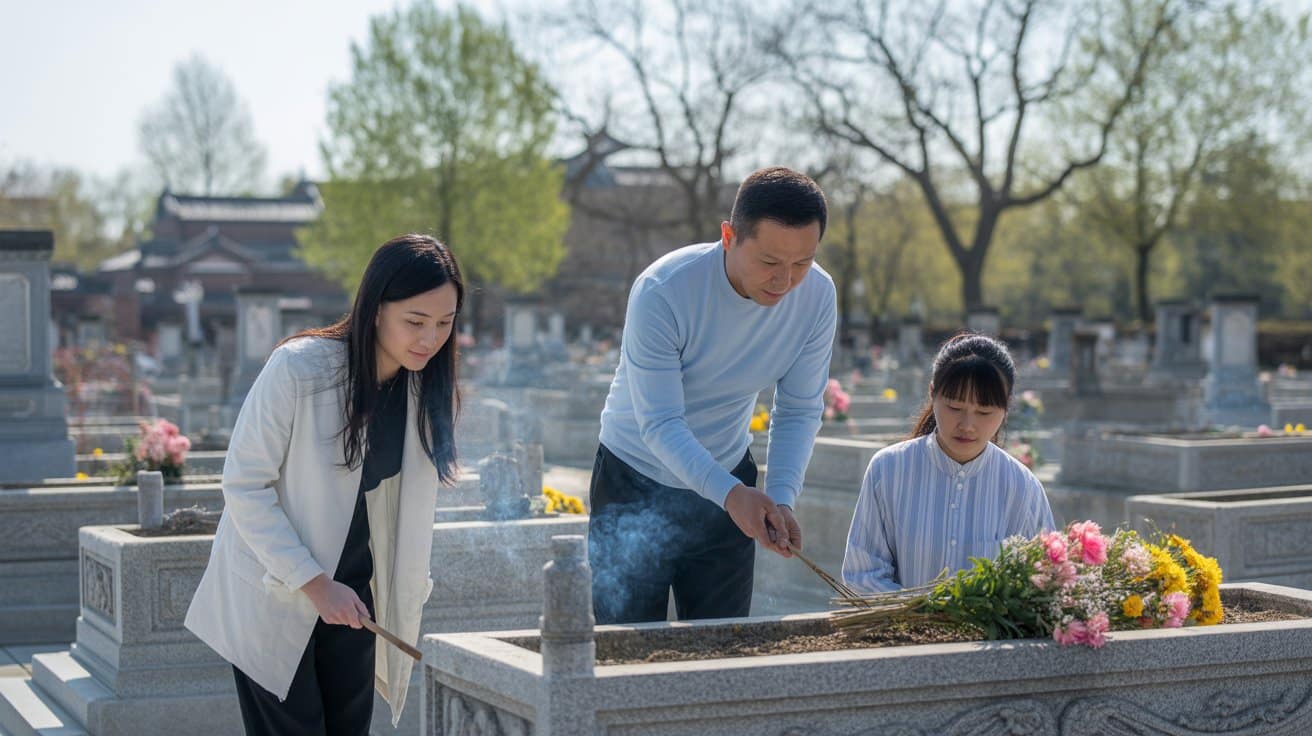 Tomb Sweeping Day traditions with family cleaning ancestral graves and offering incense during Qingming Festival