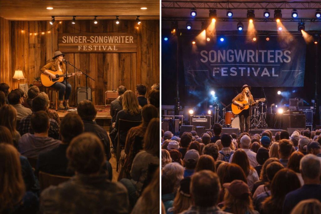 alt="Singer Songwriter Festival ka live performance comparison, intimate indoor acoustic session aur large outdoor stage concert, female singer guitar ke saath audience ke saamne perform karti hui" 
