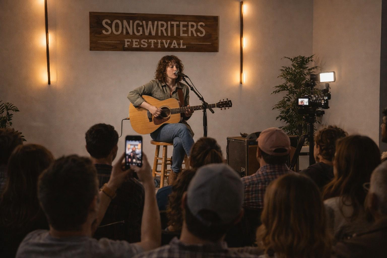 alt="Songwriters Festival mein live acoustic performance, female singer stage par guitar ke saath, intimate indoor music event, audience ke saamne singer songwriter concert" 