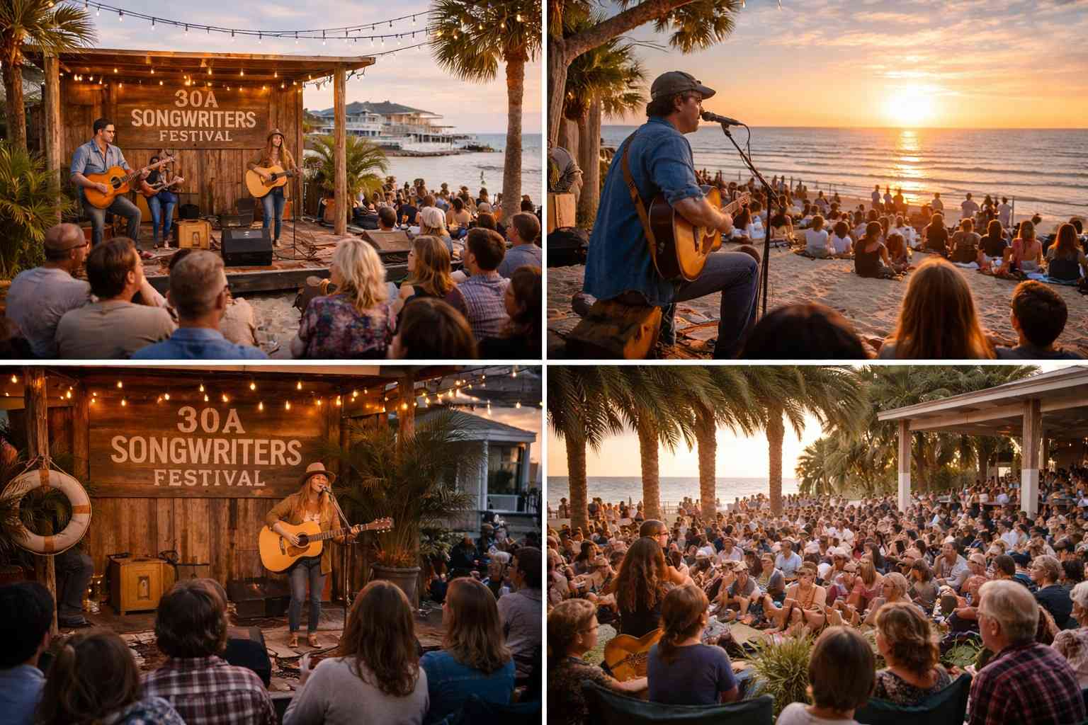 alt="30A Songwriters Festival ka outdoor beachside music collage, sunset ke time singer songwriters acoustic guitars ke saath live perform karte hue, palm trees aur audience ke saath open air concert" 