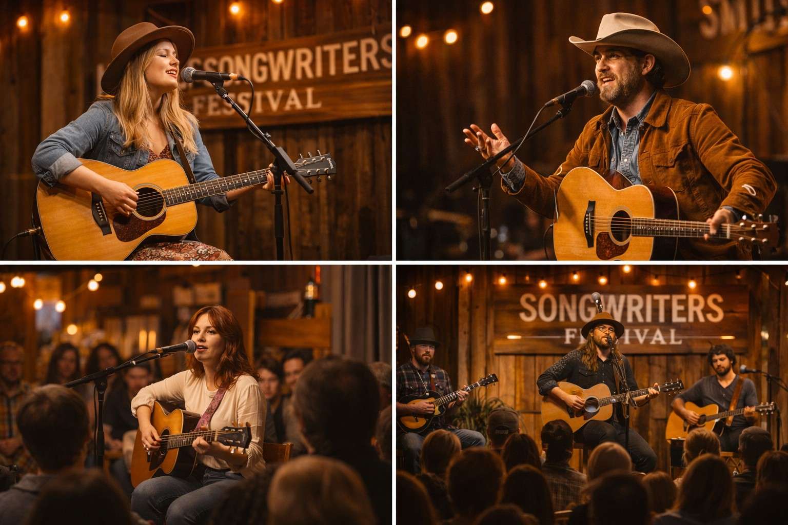 alt="Songwriters Festival ka intimate performance collage, male aur female singer songwriters acoustic guitars ke saath stage par live perform karte hue, warm lighting aur engaged audience" 