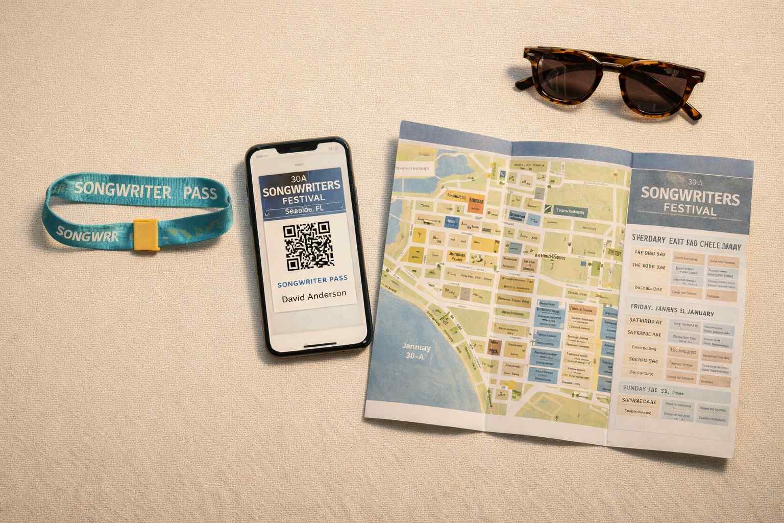 alt="30A Songwriters Festival songwriter pass aur mobile QR ticket, festival map ke saath laid out essentials, music festival planning flat lay" 