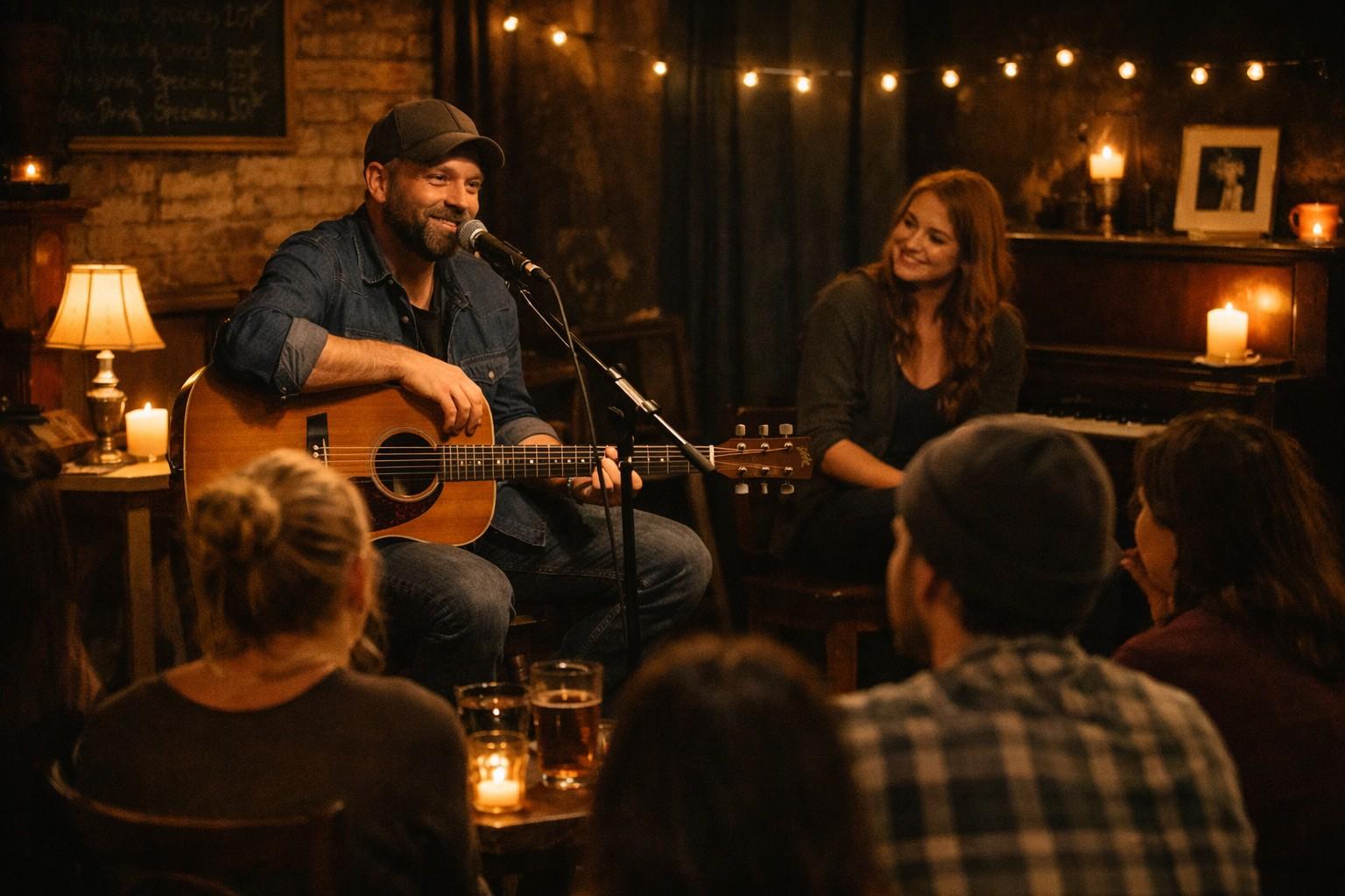 alt="Intimate songwriter night mein live acoustic performance, male singer guitar ke saath mic par gaate hue, cozy cafe setting, audience ke saath singer songwriter show" 