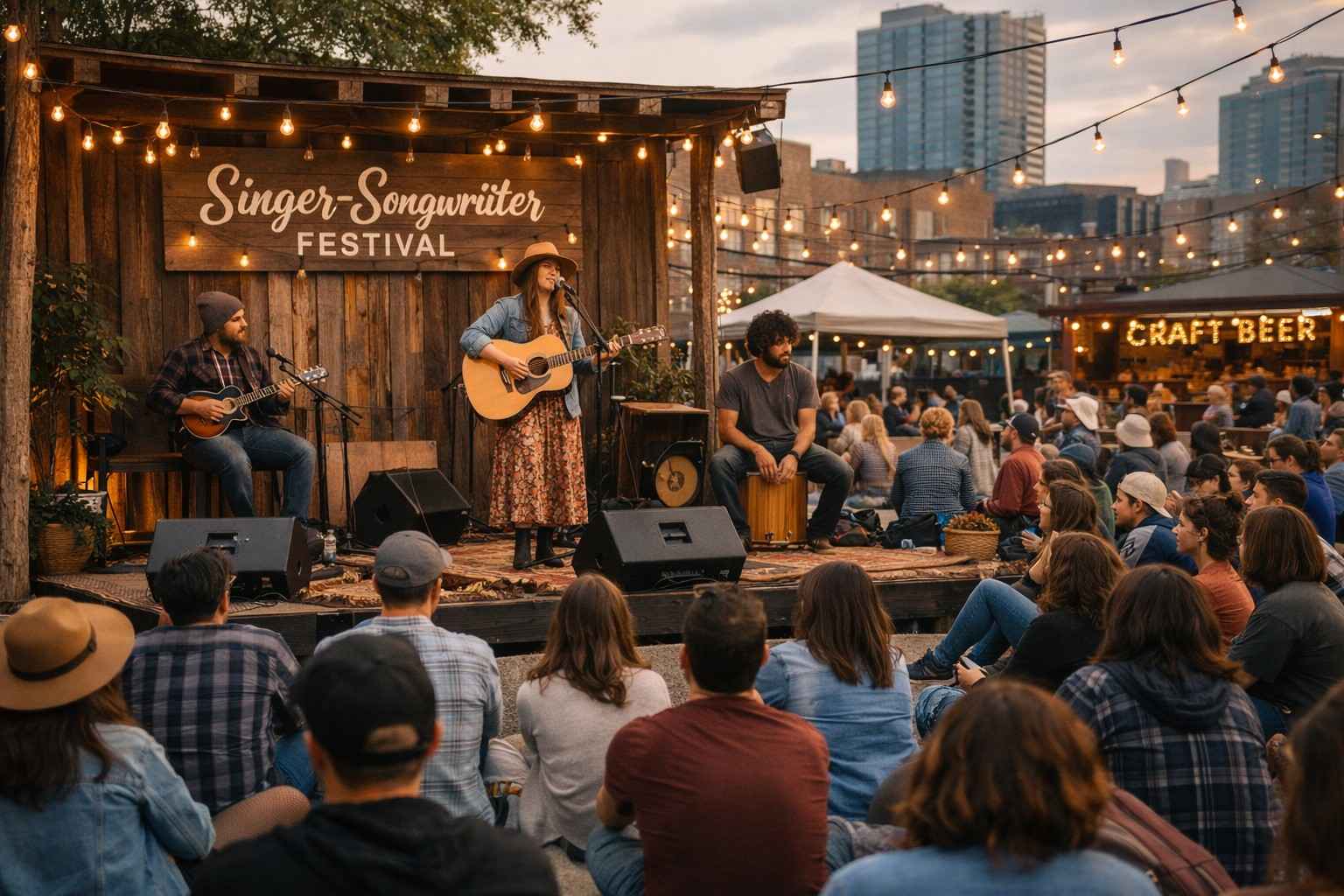 alt="Outdoor Singer Songwriter Festival ka live concert, female artist acoustic guitar ke saath stage par perform karti hui, open air music event, crowd aur festival lights ke saath folk music show" 