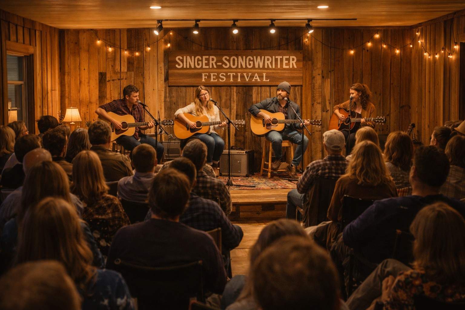 alt="Singer Songwriter Festival ka live concert, multiple artists acoustic guitars ke saath stage par perform karte hue, wooden venue, audience ke saath folk music night" 