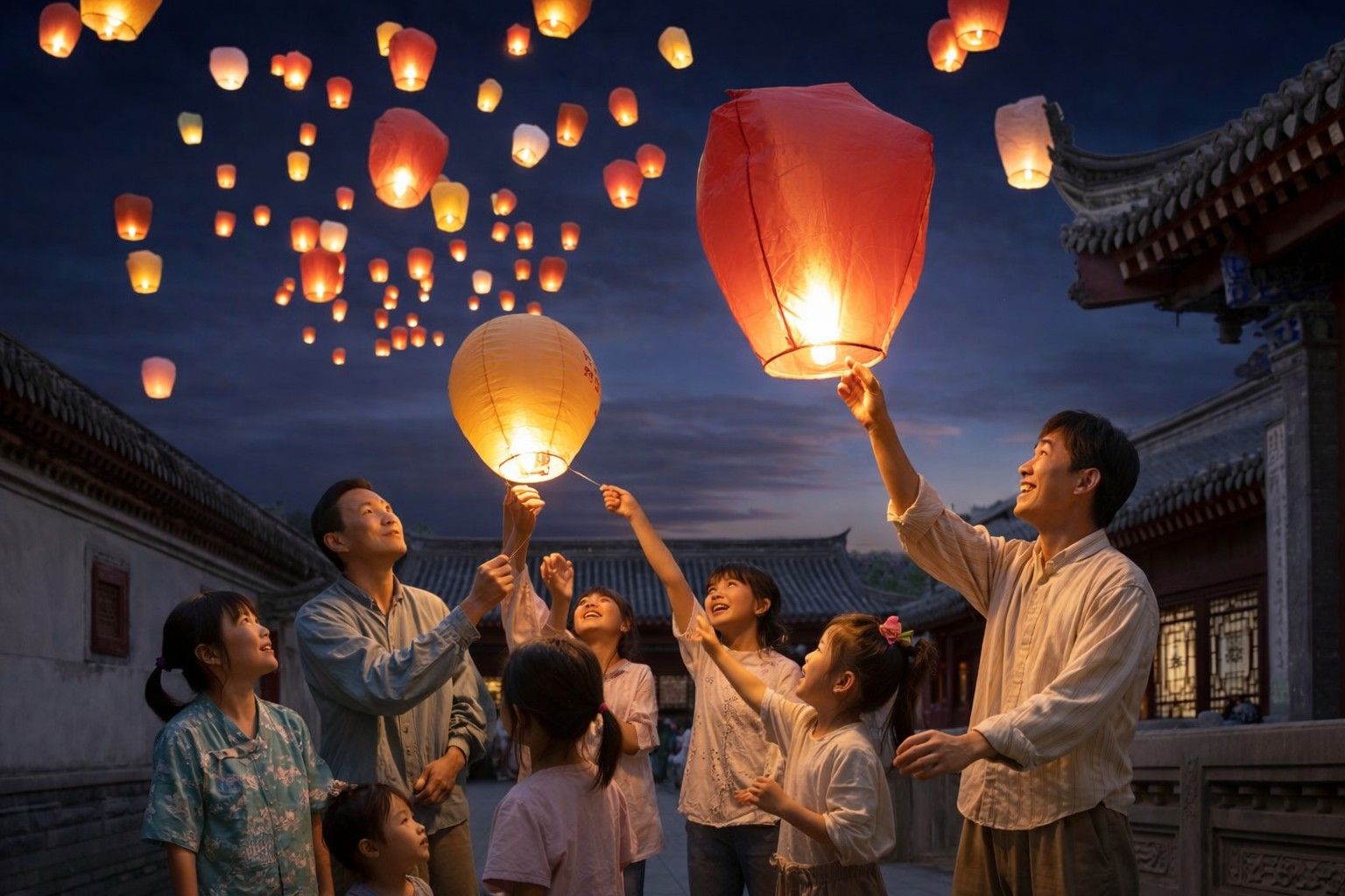 Multi-generation family releasing glowing sky lanterns together at a traditional Chinese Lantern Festival celebration