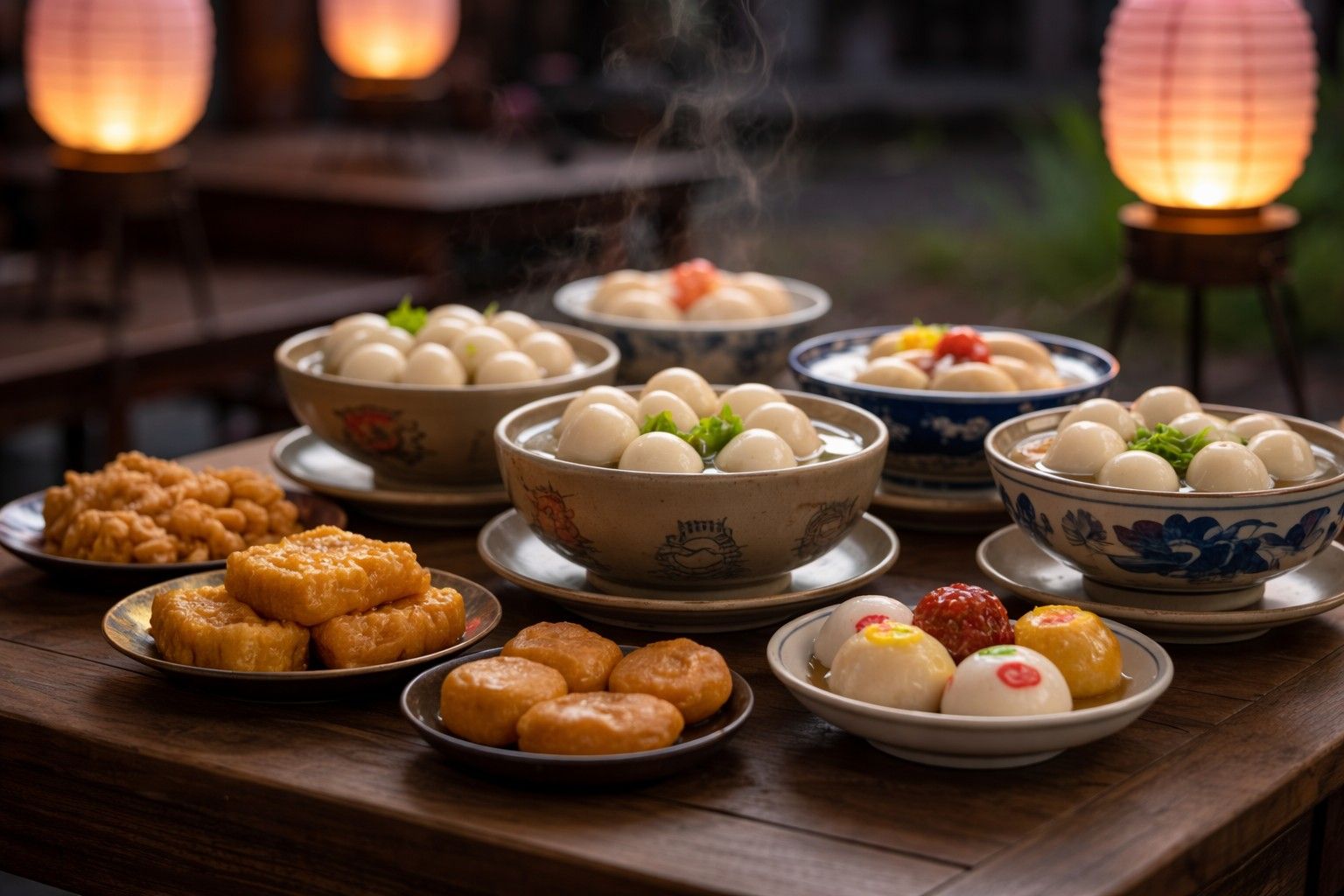 Traditional Chinese Lantern Festival foods including tangyuan sweet rice balls and festive desserts on a wooden table