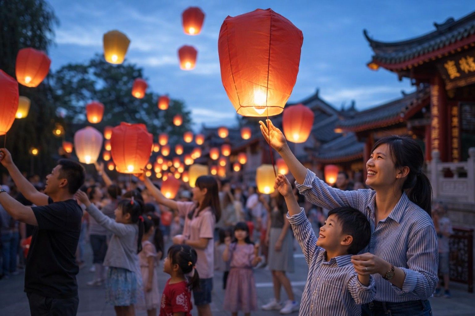Families and children holding red sky lanterns in a historic temple street during the Chinese Lantern Festival