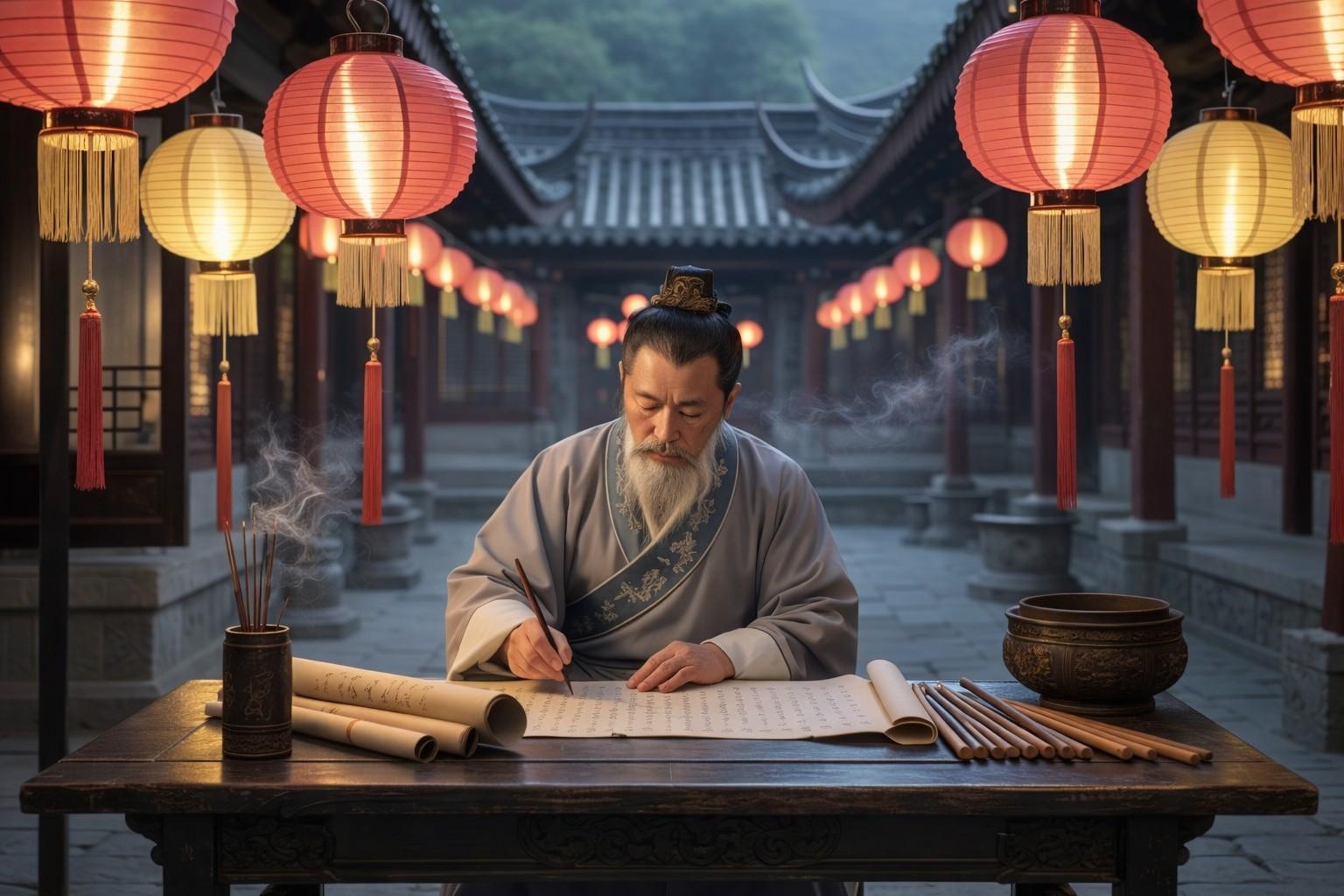 Elderly Chinese calligrapher writing festive scrolls under hanging lanterns at a traditional Lantern Festival courtyard