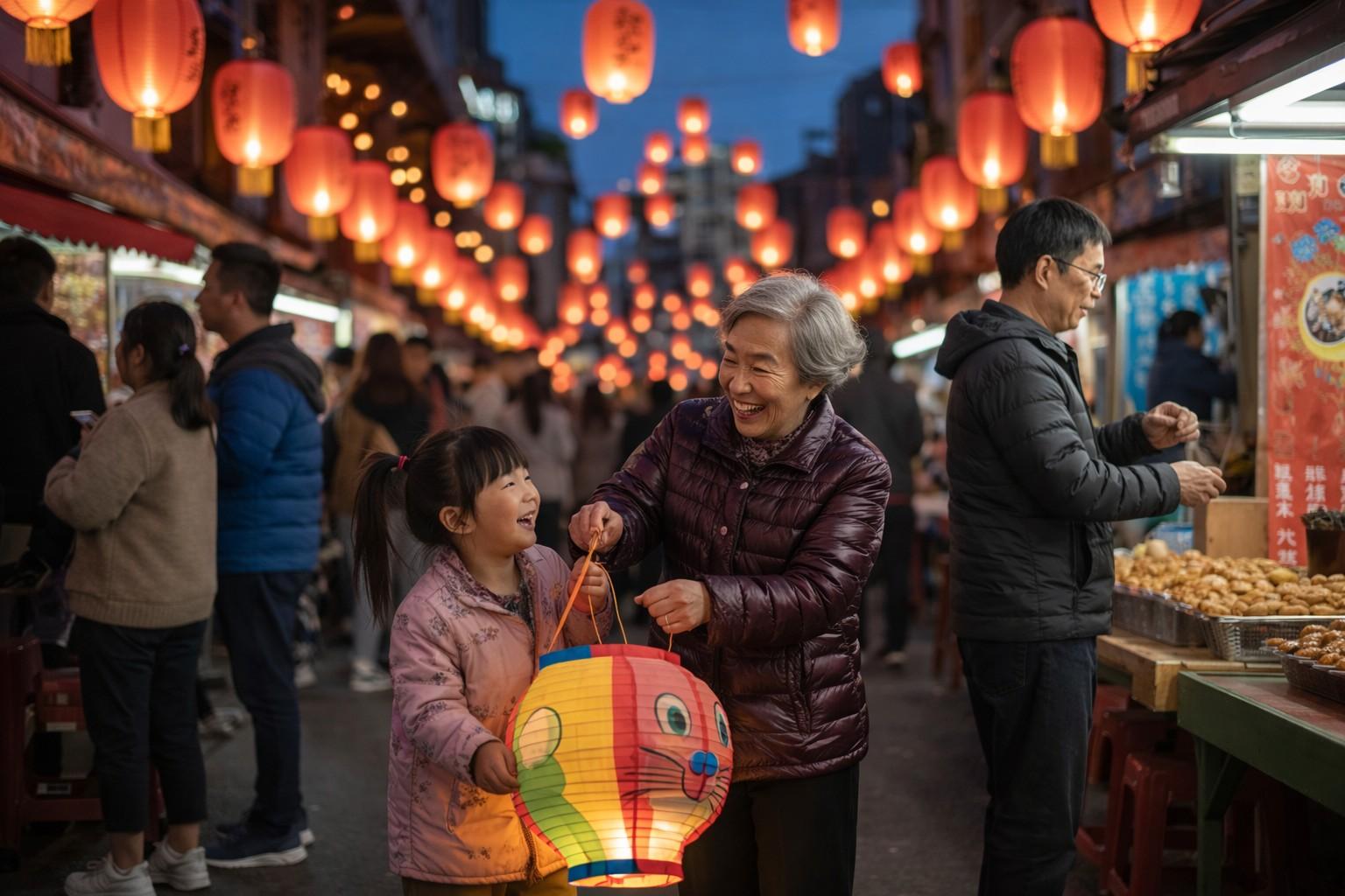 Smiling grandmother and granddaughter carrying a colorful lantern at a busy Lantern Festival night market