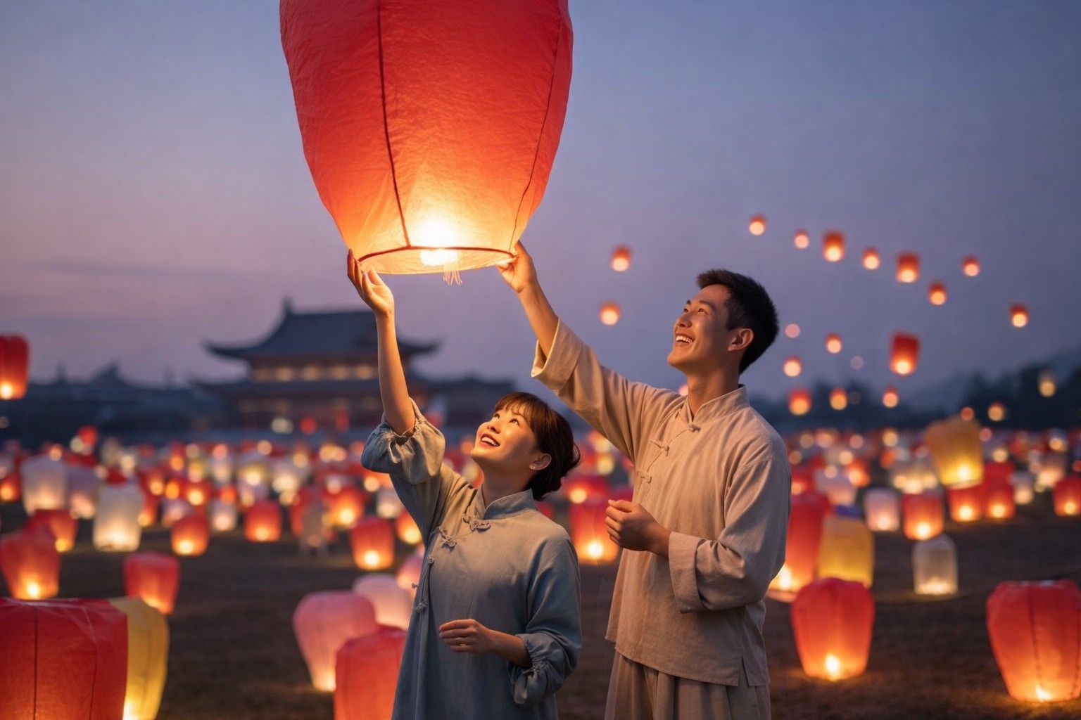 Couple releasing a red sky lantern together during a romantic Lantern Festival night celebration