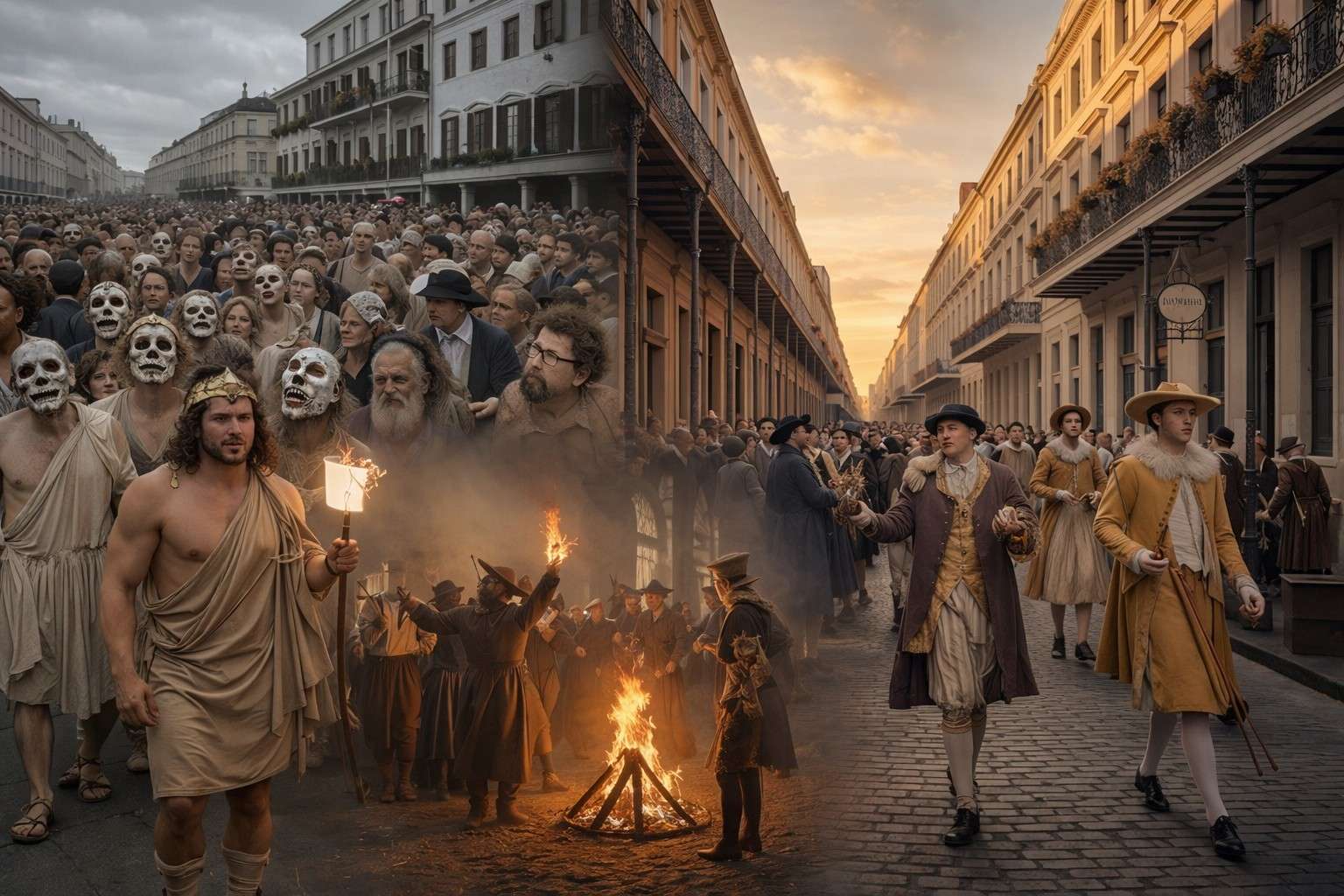 Historical evolution of carnival traditions showing ancient festival crowds contrasted with 18th-century European celebrations