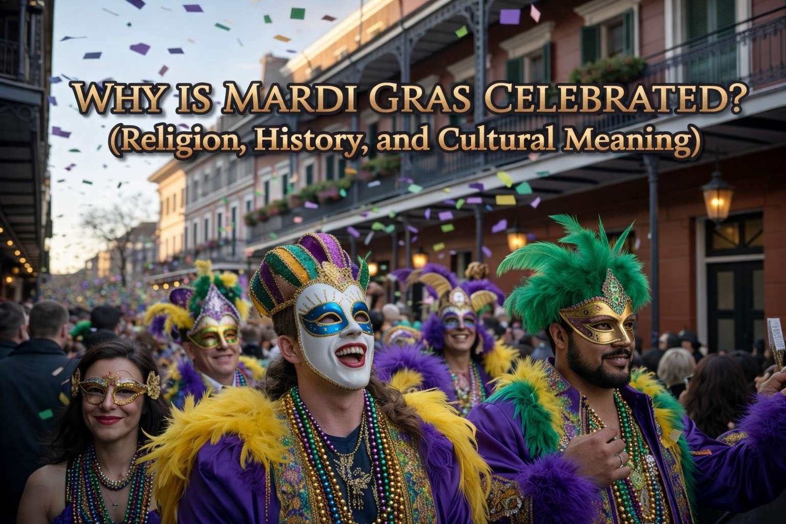 Why is Mardi Gras celebrated image showing masked revelers in New Orleans highlighting religious, historical, and cultural meaning