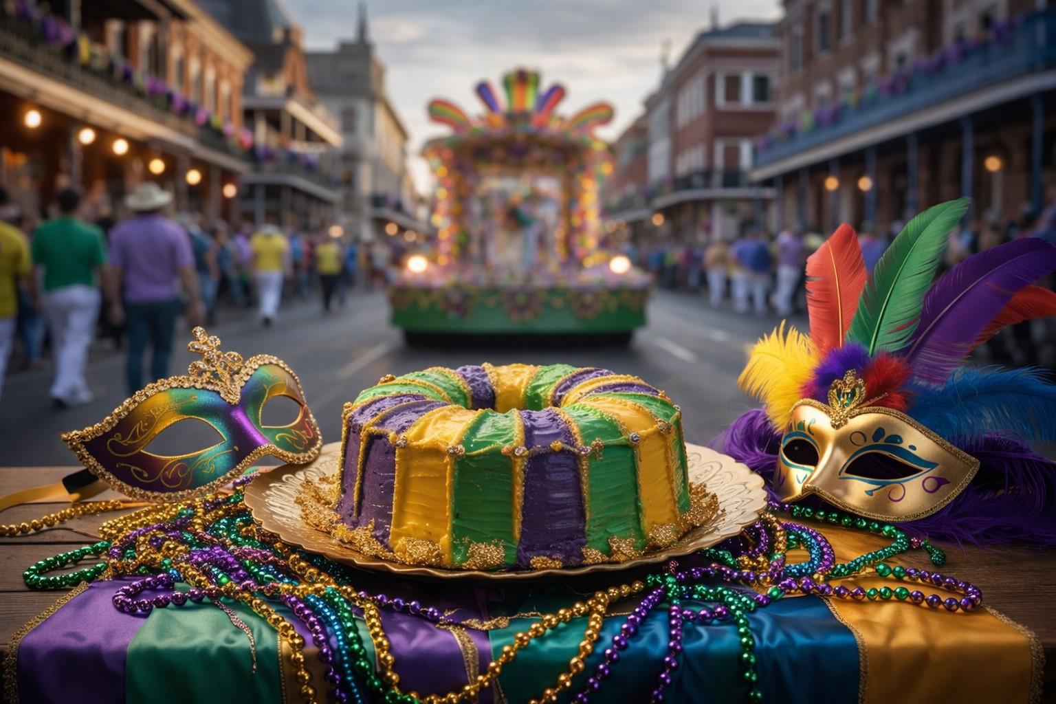 Mardi Gras king cake with purple, green, and gold decorations alongside masks and beads on a New Orleans street