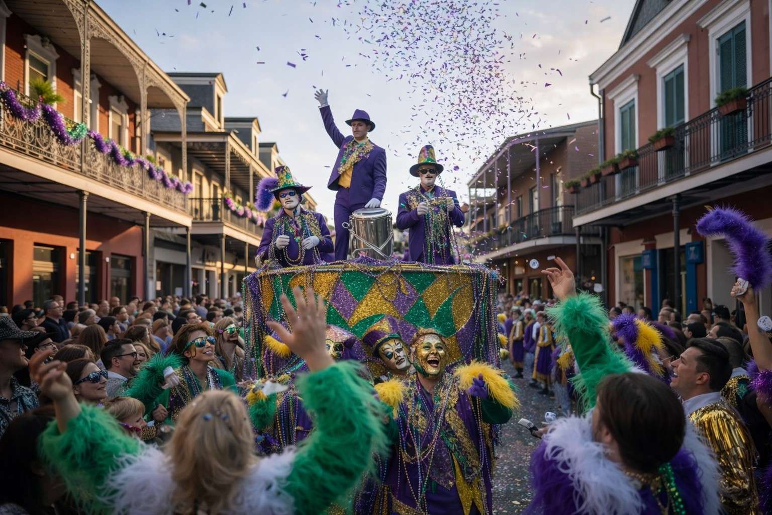 Mardi Gras float in New Orleans with performers throwing beads to cheering crowd during a colorful French Quarter parade