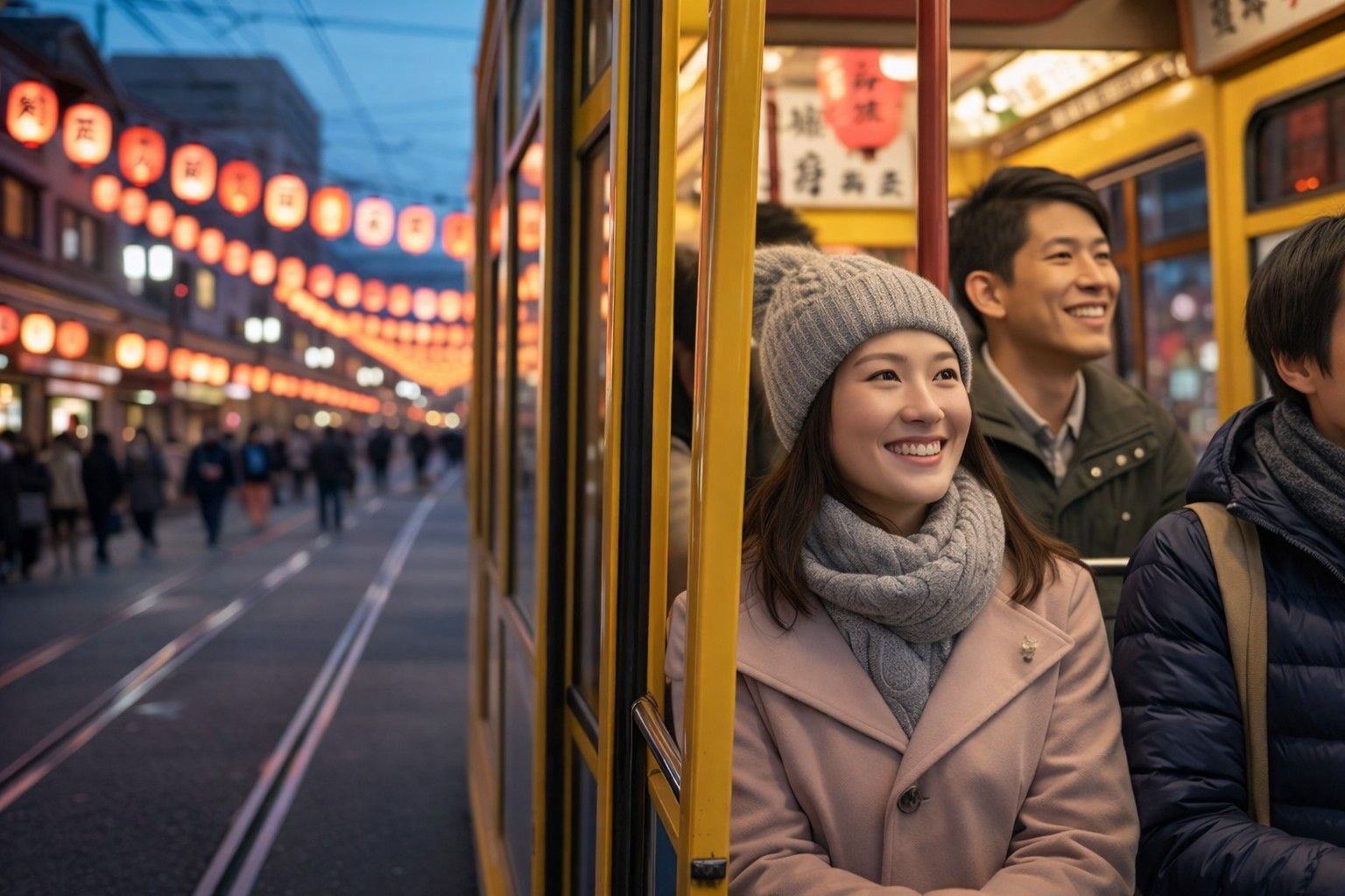 Nagasaki Lantern Festival night view with red lanterns, tourists enjoying illuminated streets in Japan