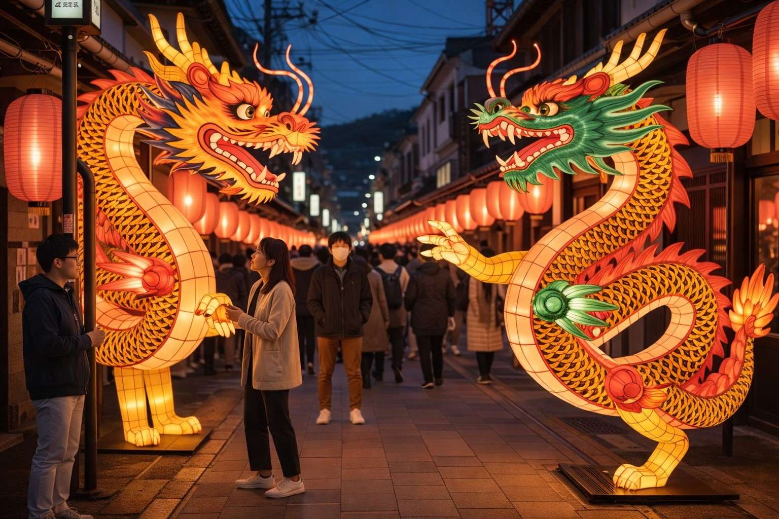 Dragon lantern display at Nagasaki Lantern Festival with visitors walking through illuminated street