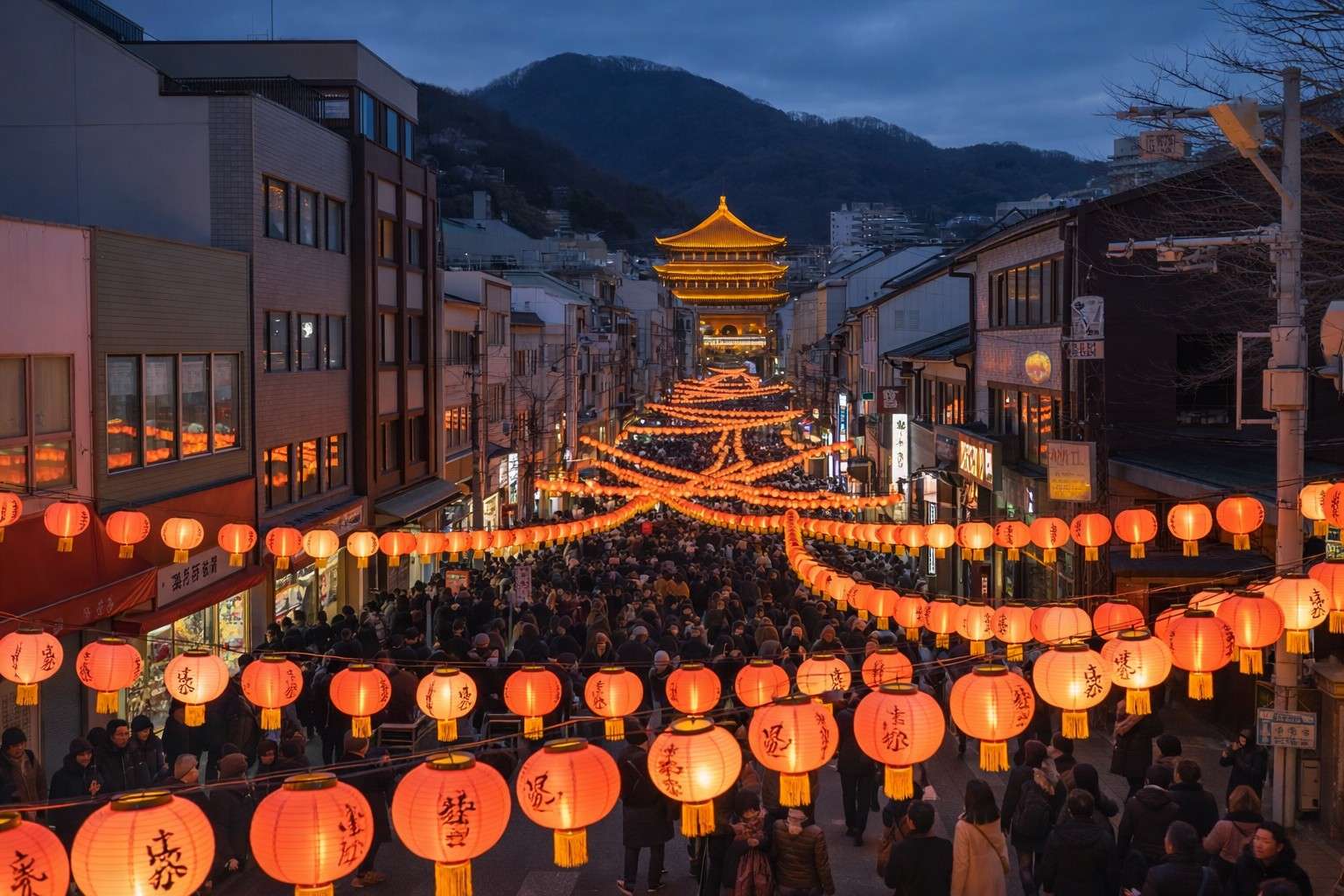 Nagasaki Lantern Festival city street filled with glowing lanterns and massive evening crowd