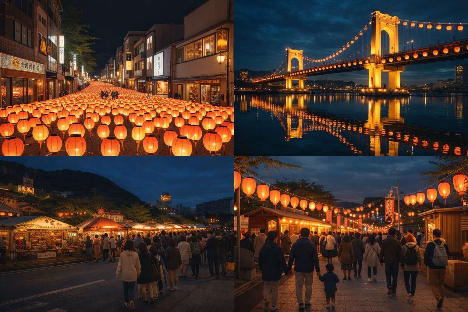 Beautiful lantern-lit streets and bridges during Nagasaki Lantern Festival night illumination