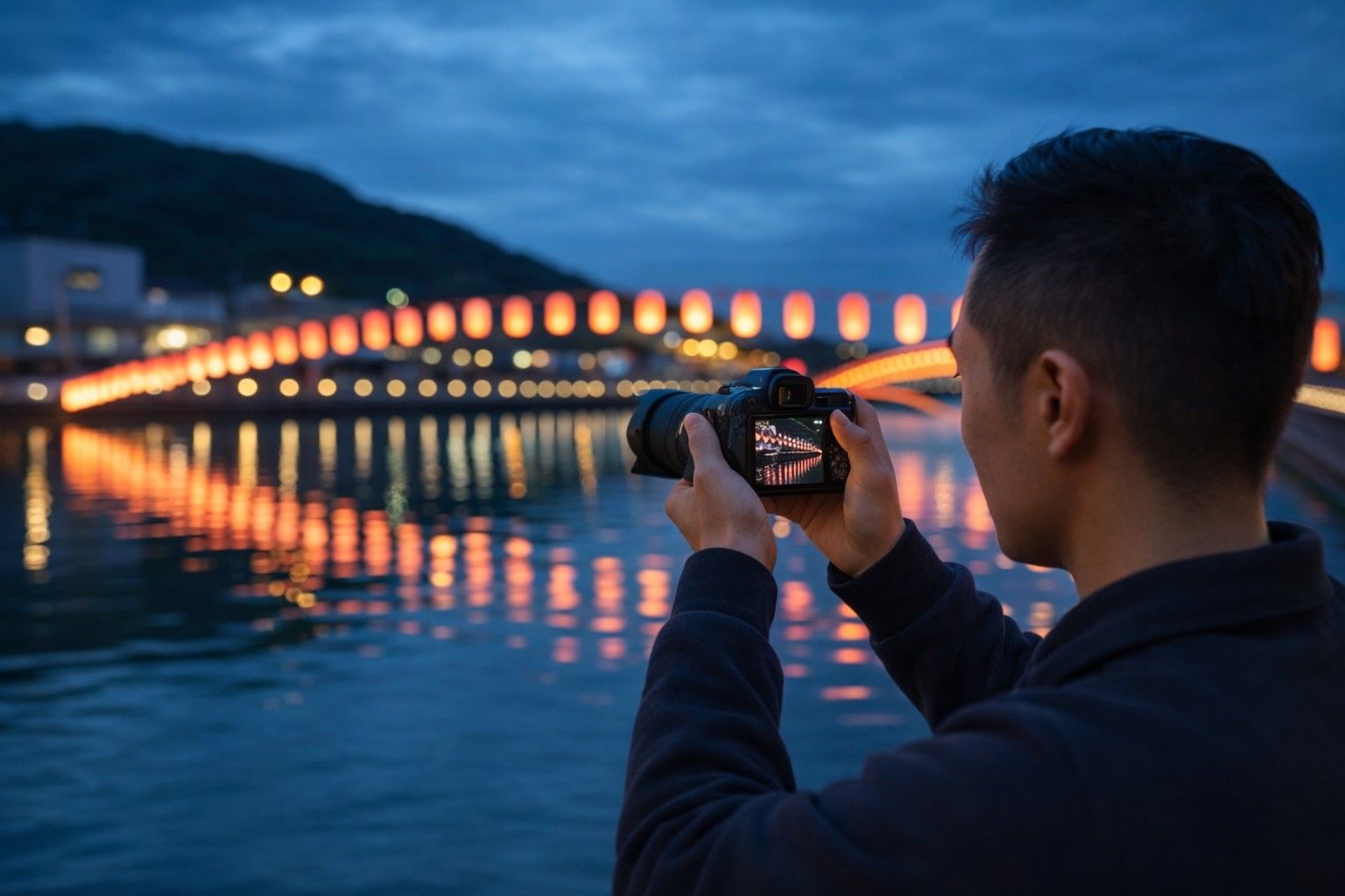Photographer capturing Nagasaki Lantern Festival lantern reflections on river at night in Japan