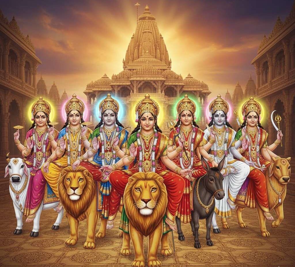 Navadurga depicted with nine goddess forms seated with animals before a grand temple