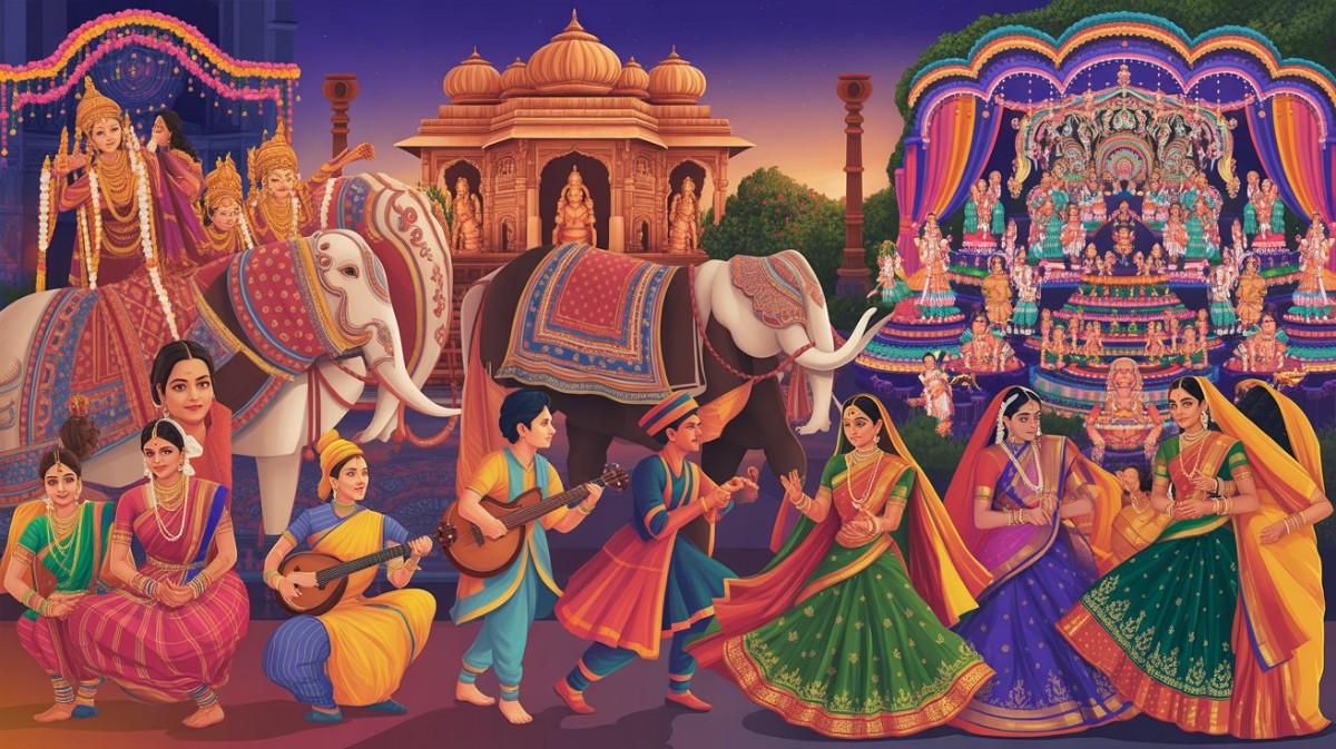 Colorful Indian festival scene with dancers, musicians, elephants, and temple decorations
