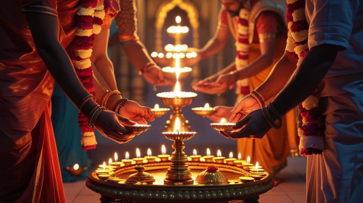 Devotees performing aarti with oil lamps during a Hindu prayer ritual