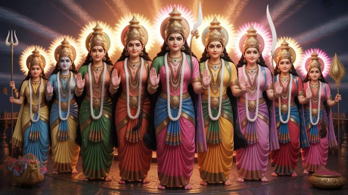 Nine Hindu goddesses standing together with glowing halos and symbolic weapons