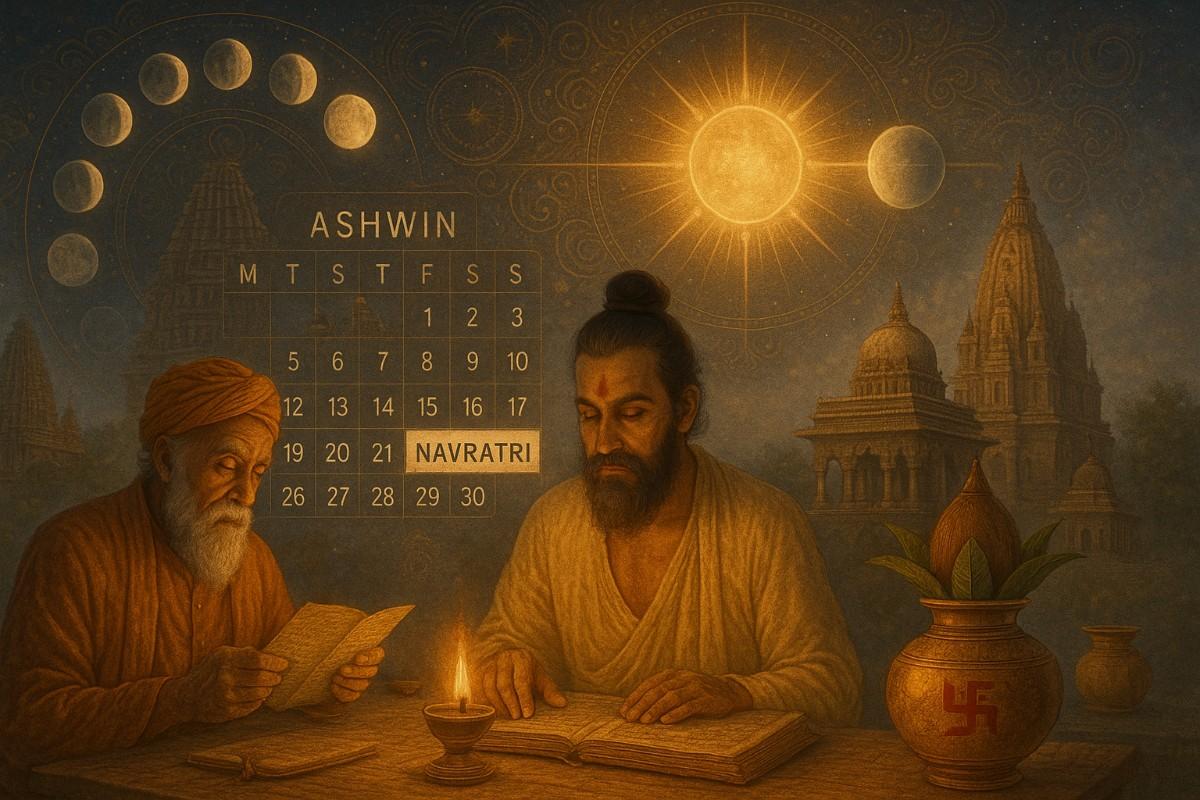 Ashwin maas ka Hindu calendar, Navratri ke din, chand-surya ki kalaon ke saath do rishi granth padhte hue