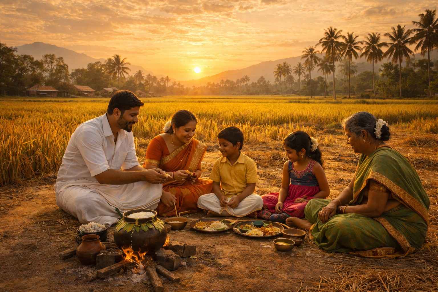 Family celebrating Pongal festival in a rural South Indian village with paddy fields and sunset