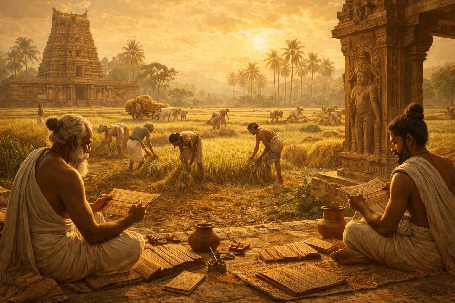 Traditional Pongal harvest scene with farmers working in fields near a South Indian temple