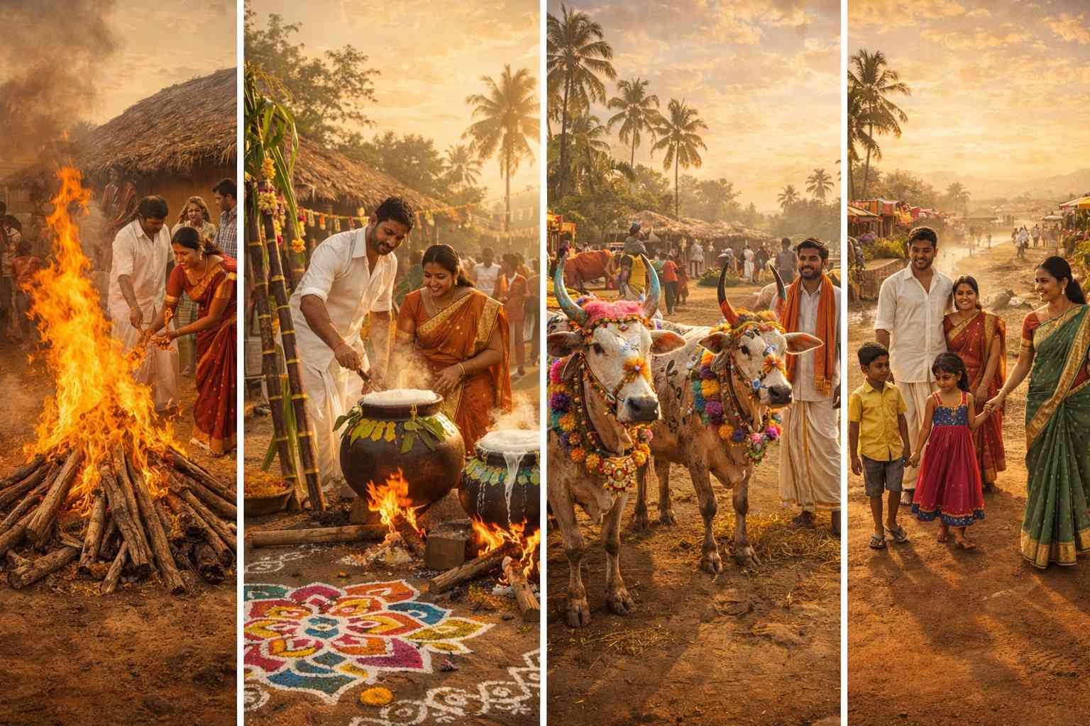 Pongal festival bonfire and clay pot with overflowing rice in a traditional village setting