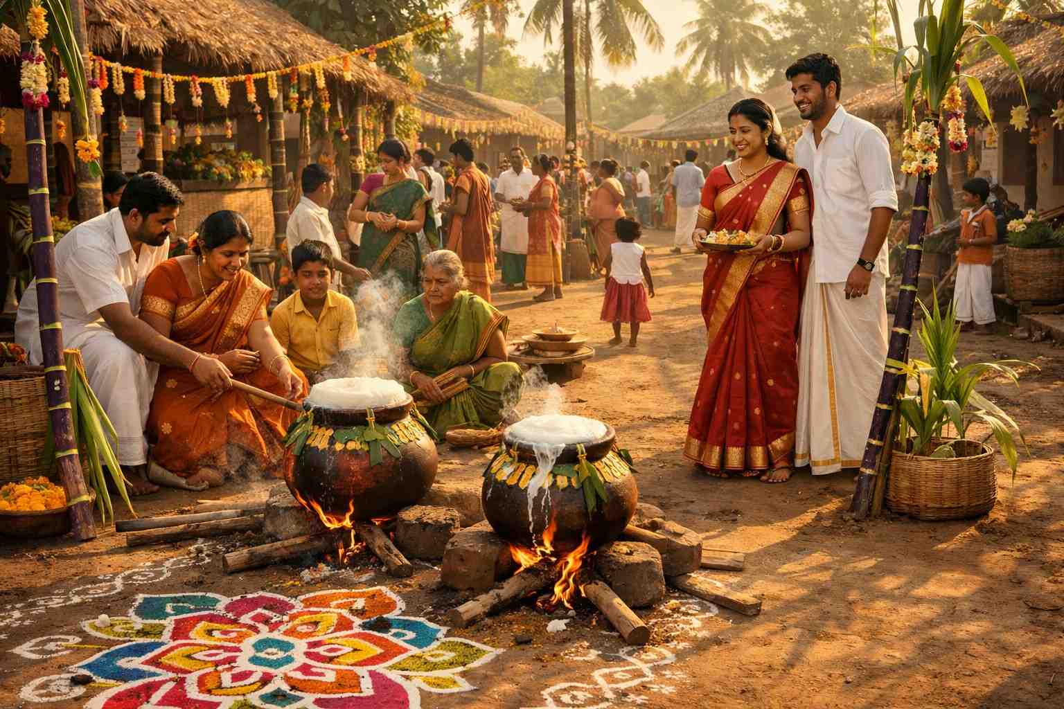 Pongal celebration with decorated bulls, family, and children in rural South India