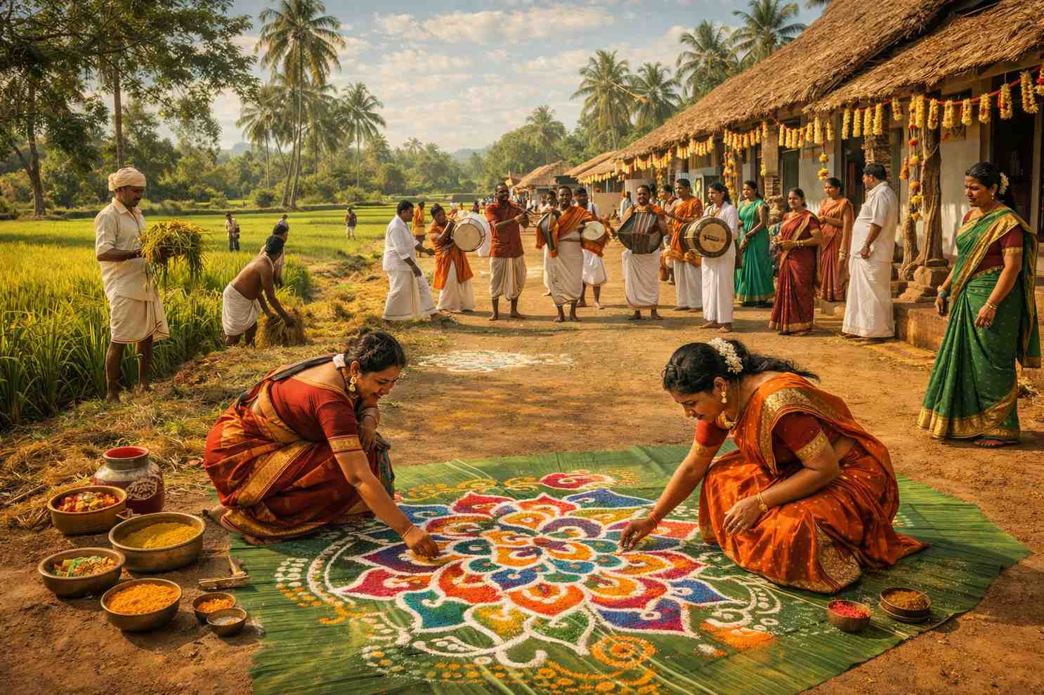 Pongal cooking ritual with rangoli, clay pots, and traditional South Indian family