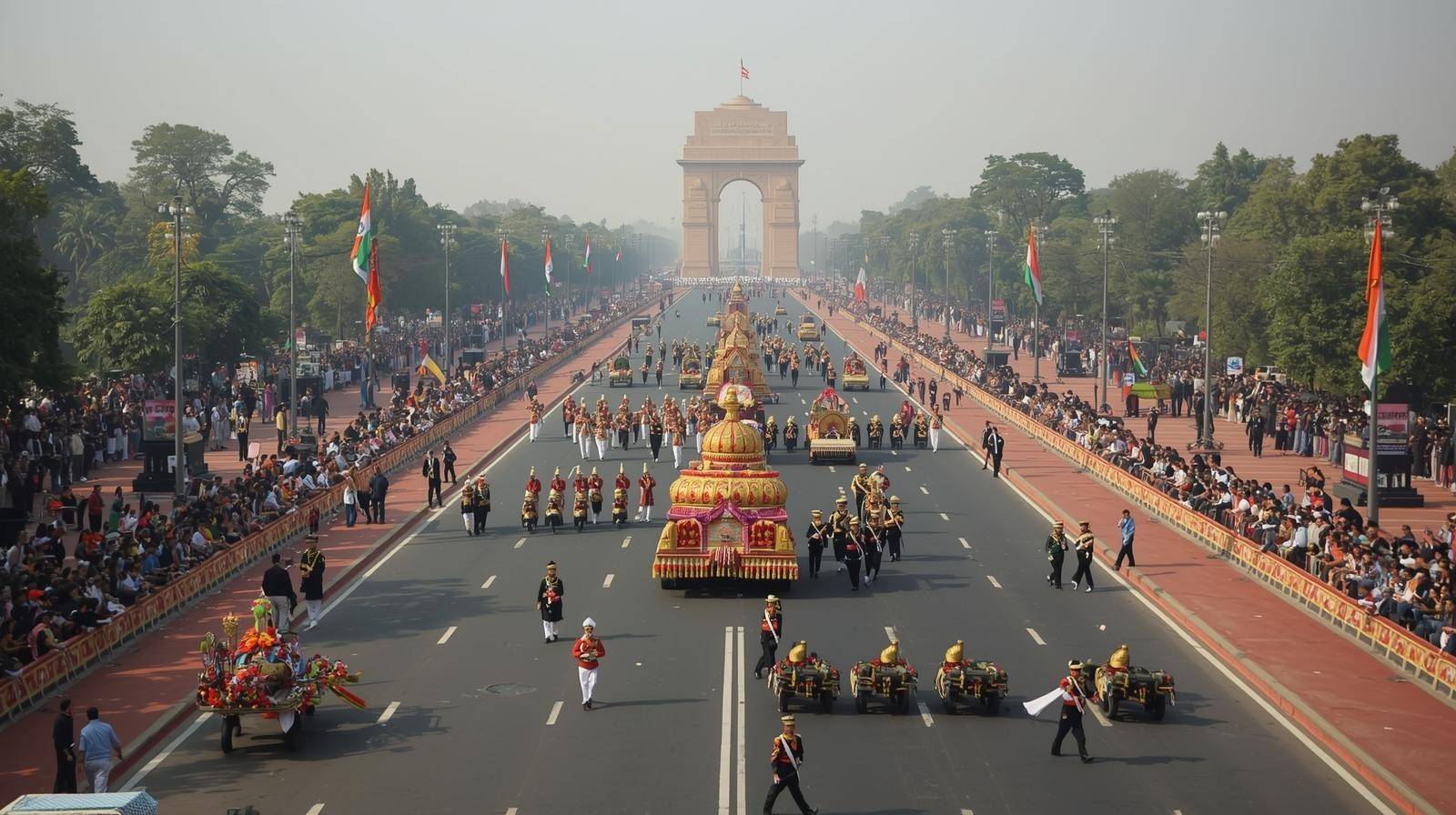 Republic Day parade at Kartavya Path in New Delhi on 26 January, Indian Army march, cultural tableaux and India Gate view