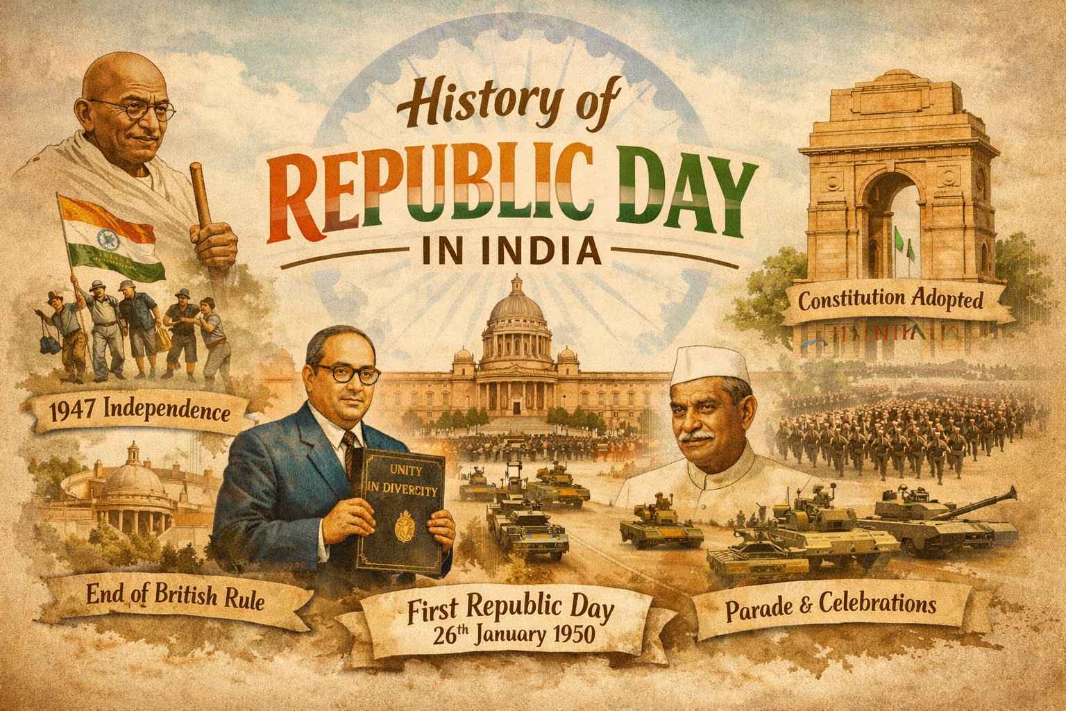 History of Republic Day in India showing independence in 1947, adoption of the Constitution, first Republic Day celebration in 1950