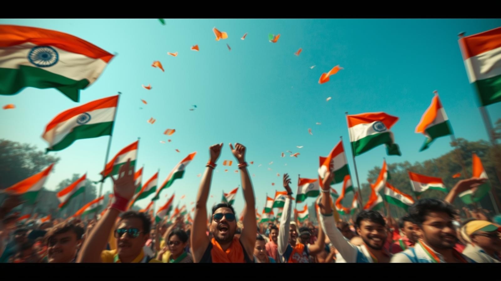 People celebrating Republic Day of India with Indian national flags, patriotic crowd, national pride and unity