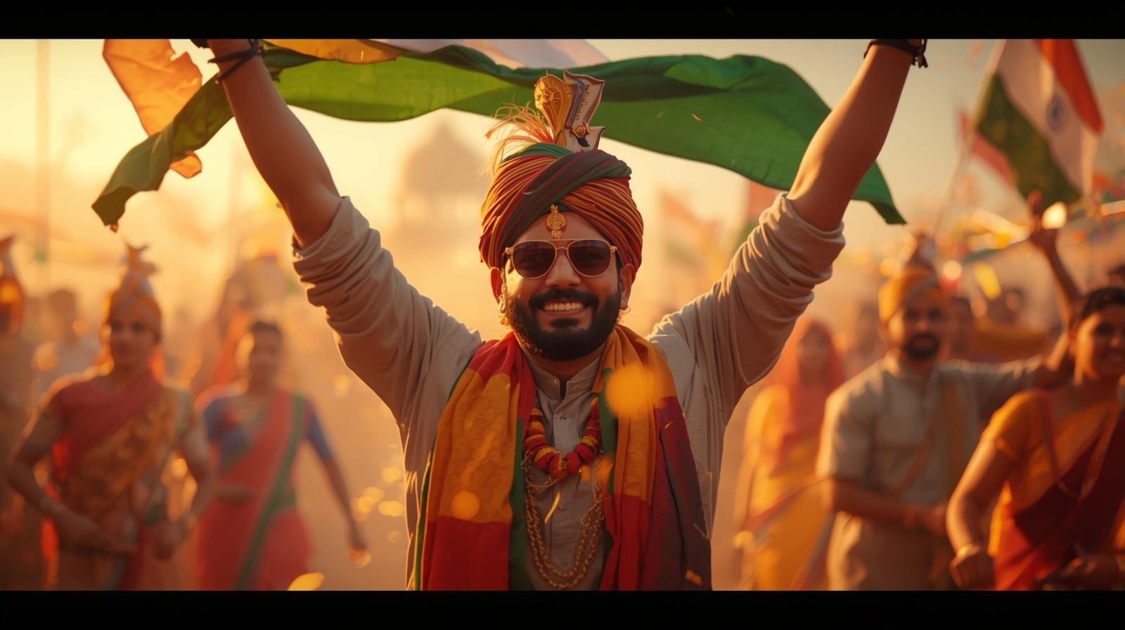 Indian man celebrating Republic Day with traditional attire and tricolor scarf, expressing patriotism and national pride