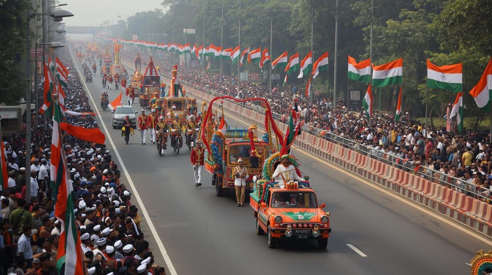 Republic Day parade in India with decorated vehicles, cultural tableaux, massive crowd and Indian tricolor flags along the road