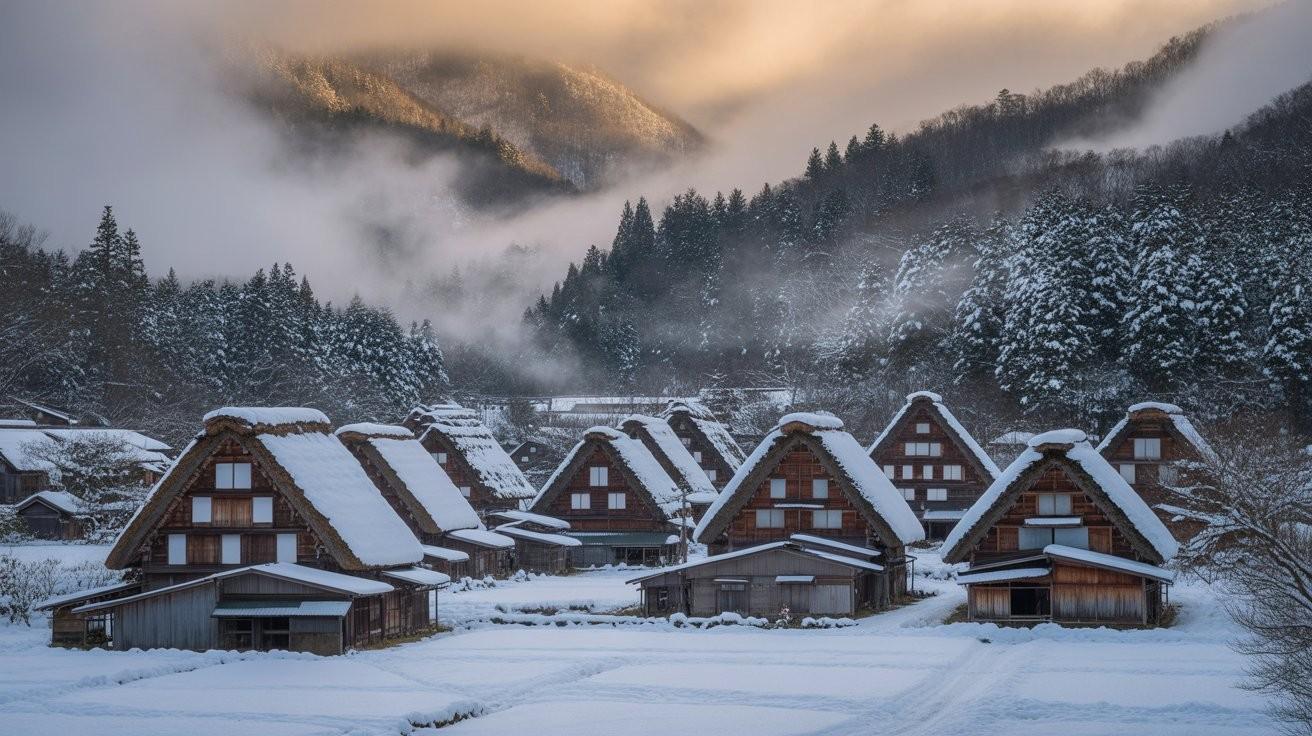 Shirakawago village in winter daylight covered with snow, traditional gassho zukuri houses in Japan