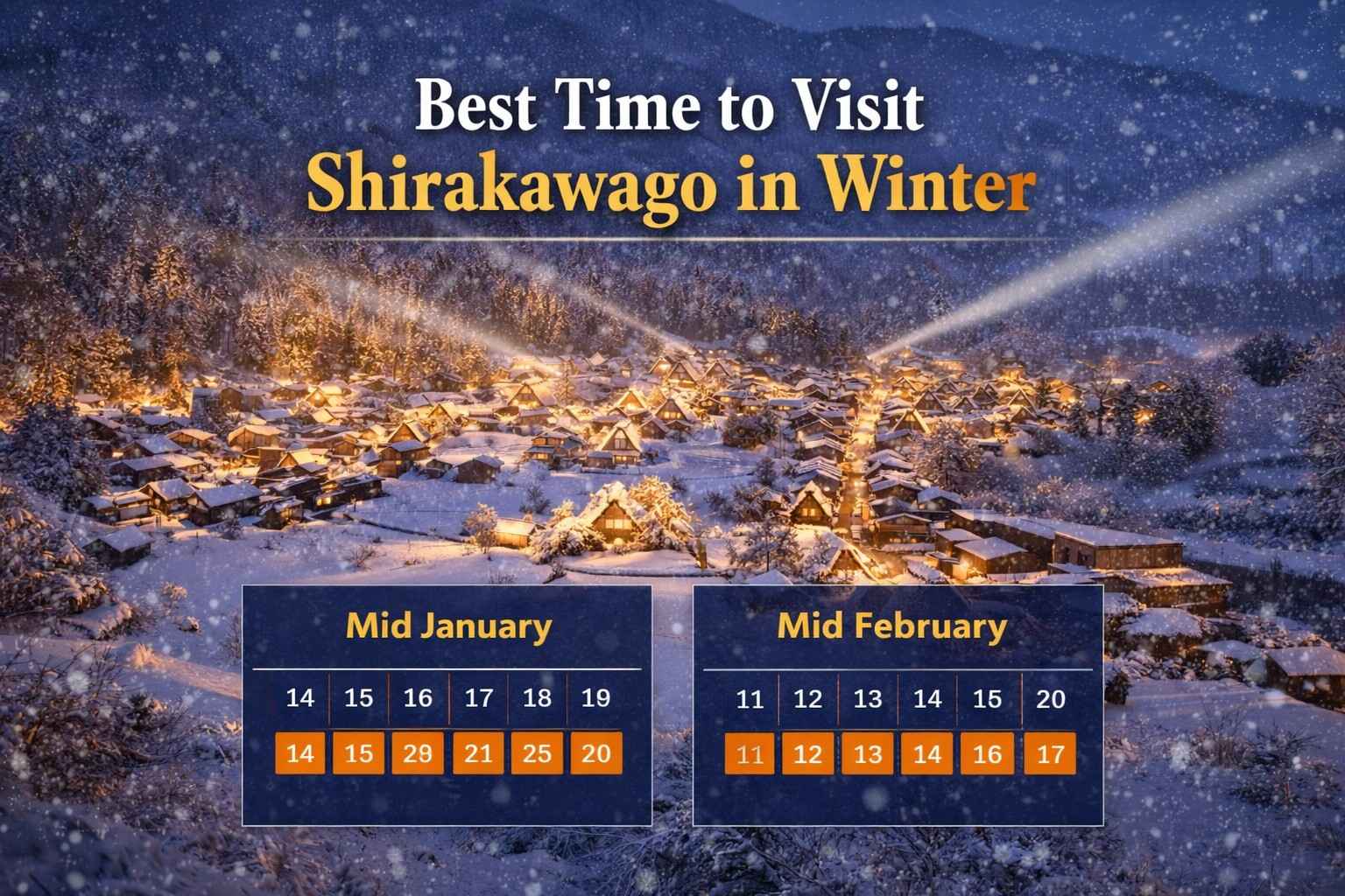 Best time to visit Shirakawago in winter with snowfall and illuminated village landscape