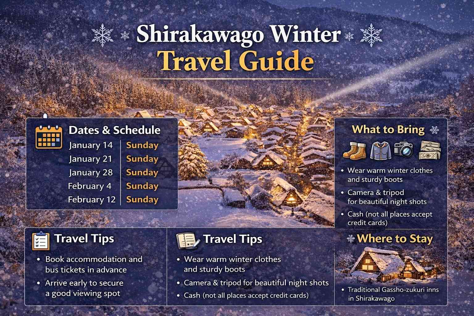 Shirakawago winter travel guide infographic showing dates, schedule, travel tips, what to bring and where to stay