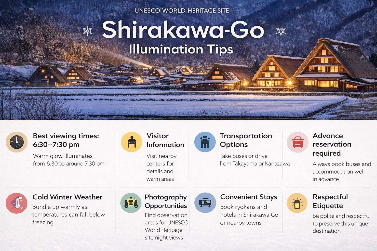 Shirakawago Winter Light-Up illumination tips infographic with best time, transport and travel guide