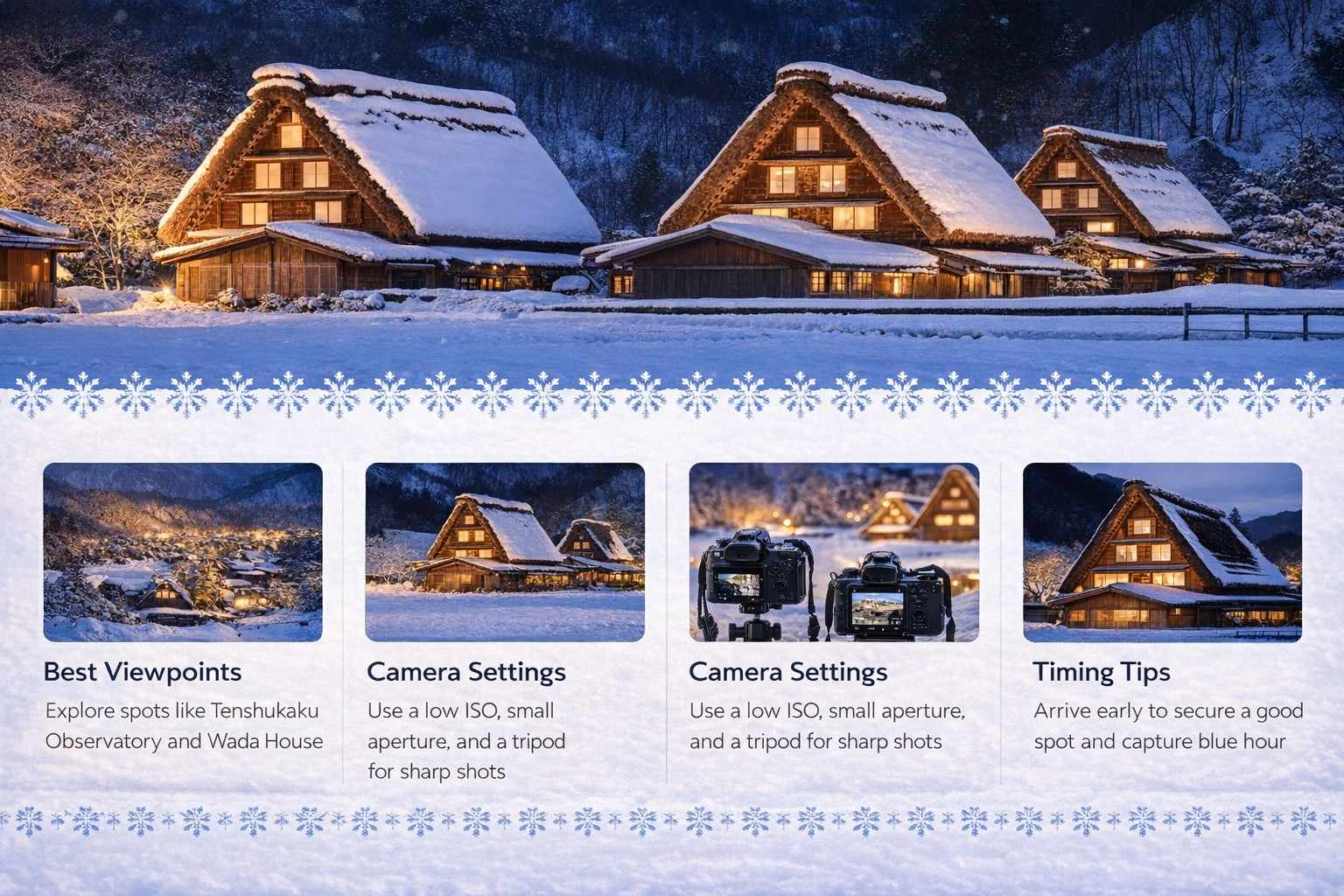 Shirakawago Winter Light-Up photography tips showing best viewpoints and camera settings at night