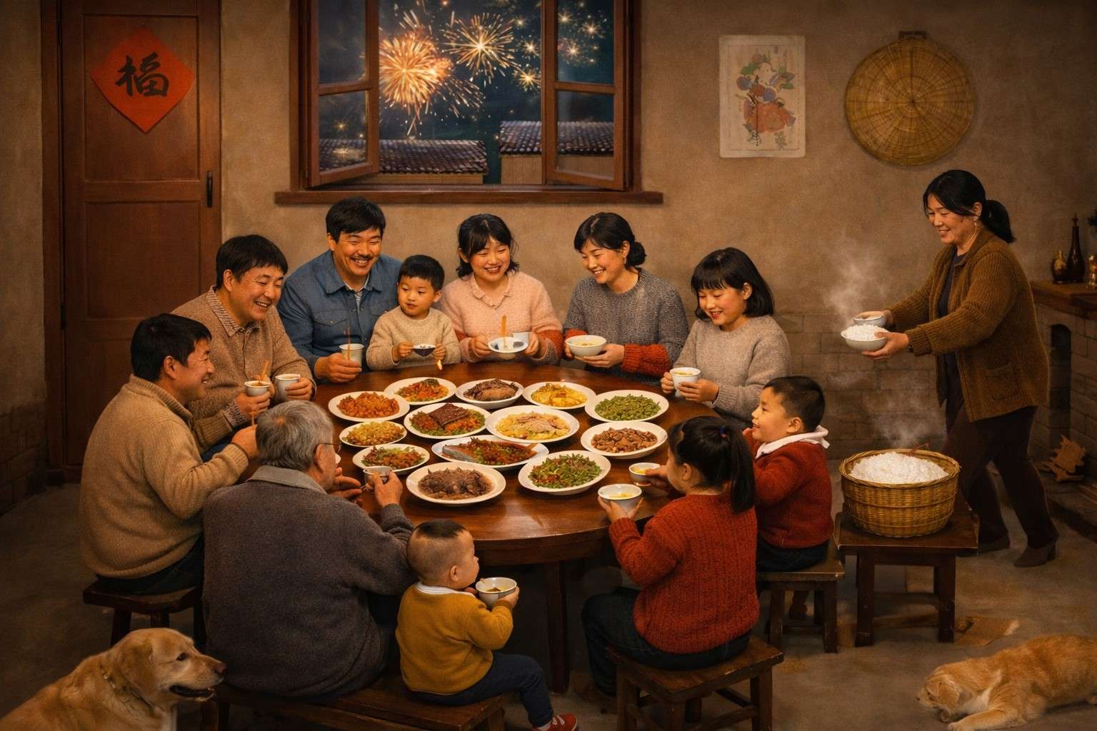 Chinese New Year family reunion dinner, Spring Festival traditional food celebration, Lunar New Year family gathering